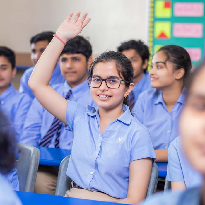 one of the students raising hand in the class room - desktop