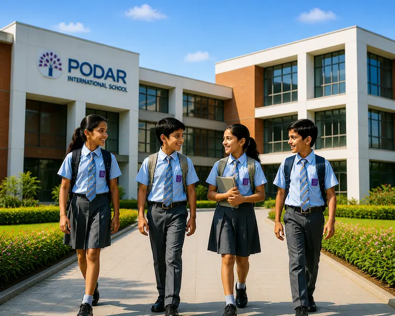 Students walking outside Podar International School campus